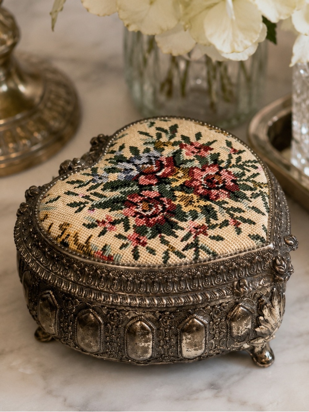 Vintage Silver Heart-Shaped Musical Jewelry Box with Floral Tapestry Lid